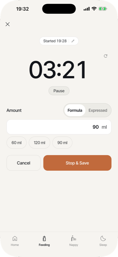 Bottle feed timer with amount and a formula or expressed choice