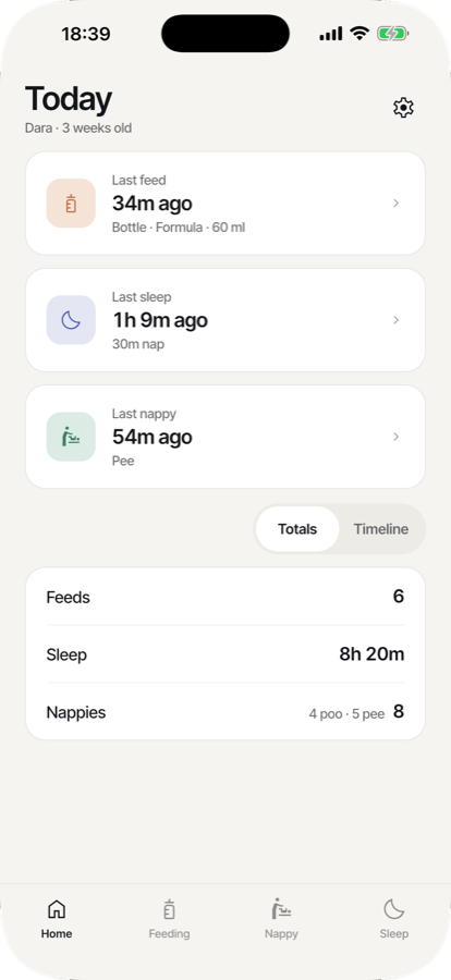Littles home screen showing the last feed, sleep and nappy plus today's totals