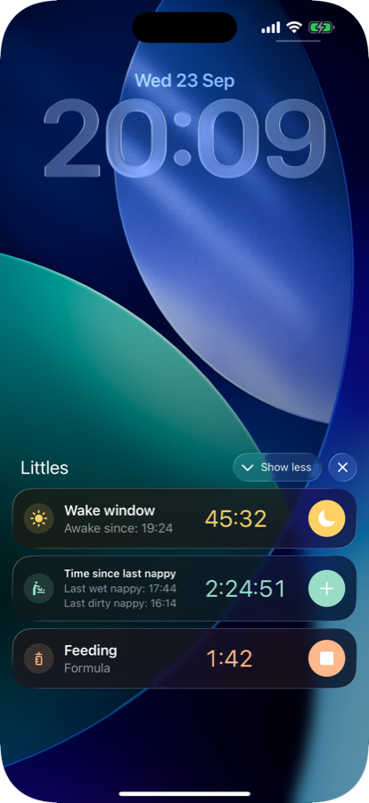 iPhone lock screen with Littles wake window, nappy and feeding timers running