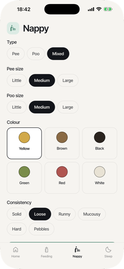 Nappy screen with type, size, colour and consistency options